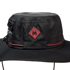 Rubber spider patch on the front Mesh Interior lining Snap pocket on the side Adjustable drawstring 100% Polyester OSFM: 23"C Imported Officially licensed Marvel merchandise Functional Black Bucket Hat For Outdoor Activities, Functional Black Bucket Hat For Outdoor, Adjustable Black Bucket Hat For Hiking, Casual Black Bucket Hat For Travel, Black Wide Brim Bucket Hat For Hiking, Casual Durable Bucket Hat With Curved Brim, Durable Casual Bucket Hat With Curved Brim, Casual Durable Bucket Hat, Casual Bucket Hat With Curved Brim For Hiking