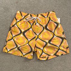 Brand New Urban Outfitters Yellow Geometric Print 5” Inseam Swim Shorts Body And Lining 100% Nylon Yellow Summer Swim Trunks With Built-in Shorts, Yellow Short Swim Trunks For Beach Season, Yellow Swim Trunks For The Beach, Yellow Swimwear With Built-in Shorts For Vacation, Yellow Swim Trunks For Beach, Yellow Short Swim Trunks For Beach, Yellow Shorts For Poolside And Beach Season, Yellow Summer Swim Trunks For Vacation, Yellow Swimwear With Built-in Shorts For Poolside