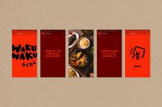 three vertical banners with different food items in red, black and white colors on them