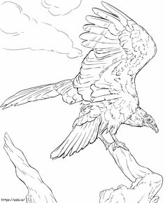 a bird flying over a tree branch with clouds in the sky behind it coloring page