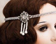 "Art Deco Headband Great Gatsby Headband Gatsby Head piece Halloween Party New Years Eve This my exclusive retro style headband inspired by Great Gatsby vintage jewelry. Perfect for your 1920's themed party! Rhinestone headband is 14\" long and has elastic band in the back. This headband is made with the crystal brooch on the right side, please select the option that you prefer. Each headband is made to order, so if you want to customize it or to have a headband designed especially for you, plea Vintage Adjustable Headband For Parties, Retro Adjustable Headpieces For Wedding, Retro Adjustable Wedding Headpiece, Vintage Headband Headpiece Gift, Vintage Headband Style Headpiece For Gift, Vintage Headband Style Headpiece As Gift, Adjustable Vintage Headpieces For Vintage Events, 1920s Themed Party, Flapper Accessories