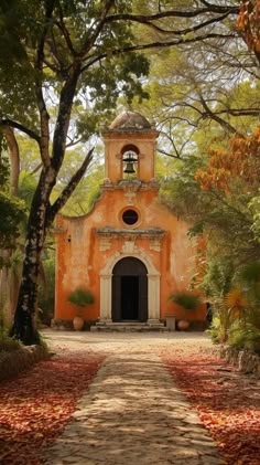 an orange building with a bell tower in the middle of trees and leaves on the ground