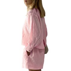 Pink Jacquard 100%cotton Button Shirt and Shorts Set Pink Cotton Bedtime Short Set, Pink Sleepwear With Button Closure For Spring, Pink Button-up Sleepwear For Summer, Pink Printed Short Sleeve Sleepwear, Pink Sleepwear With Button Closure, Women Set, Button Shirt, Short Sets, Pink