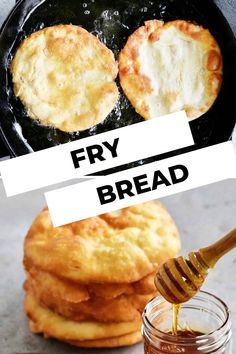 frying bread in a cast iron skillet with honey being drizzled over it