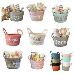 there are many small baskets that have stuffed animals in each basket and name on them