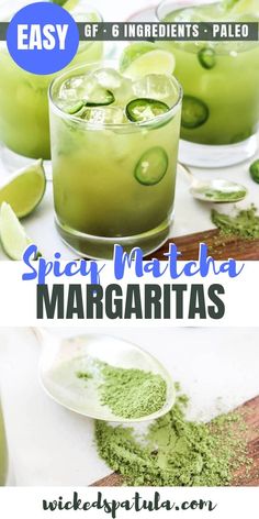 the recipe for spicy matcha margaritas is shown with lime slices and powdered sugar