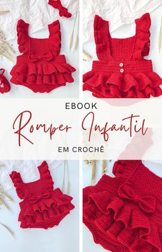 the crochet romper pattern is shown in three different pictures, including one with ru