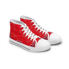 Elevate your style game to new heights with our exclusive Bold Bloods Red Bandana Women's High Top Sneakers. These sneakers are more than just shoes; they are a bold statement of fashion-forward design and comfort. Key Features: Crafted from breathable polyester canvas, these sneakers offer the perfect harmony of comfort and style, ensuring your feet stay comfortable all day. Hi-poly deodorant memory foam insoles provide exceptional cushioning and support, making each step a delight. The full wr Casual High-top Platform Sneakers For Streetwear, Trendy Red Round Toe Skate Shoes, Trendy High-top Canvas Shoes With Laces, Casual Canvas Shoes With Round Toe For Streetwear, Trendy Canvas Shoes With Contrast Sole For Streetwear, Trendy Streetwear Canvas Shoes With Contrast Sole, Ankle-high Canvas Shoes With Laces For Streetwear, Casual High-top Sneakers With White Sole And Laces, Trendy Custom High-top Sneakers