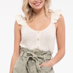 This Knit Top Is So Soft, Has Small Button Detail. Small Slits On Both Sides. Ruffle Sleeves. Chic Knit Top With Button Closure, Chic Cotton Knit Top With Ruffles, Chic Ruffled Knit Top For Day Out, Casual Knit Top With Ruffles For Day Out, Summer Knit Top With Ruffles For Day Out, Sleeveless Knit Top, Ruffle Sleeve Top, Ruffle Tank Top, Umgee Tops