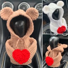 three pictures of the inside of a car, including a steering wheel cover with a teddy bear wearing a hoodie and holding a red heart