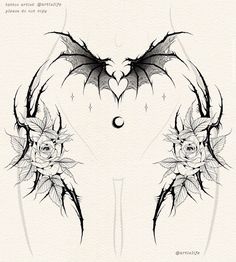 an artistic tattoo design with roses and bats on the back of their wings, in black ink