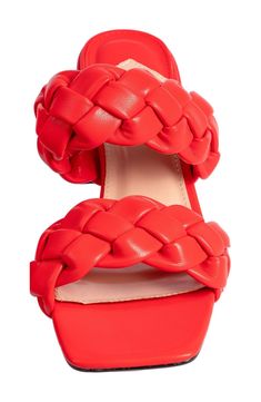 Braided straps define the airy silhouette of this square-toe sandal that sits on a lofty half-moon heel. 2 1/2" heel Synthetic upper, lining and sole Imported Red Synthetic Heels With Heel Loop, Red Synthetic Sandals With Block Heel, Red Sandals With Padded Heel And Square Toe, Red Square Toe Sandals With Padded Heel, Red Strappy Synthetic Heels, Diamond Box, Square Toe Sandals, Prom Shopping, Straw Bags