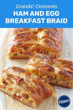 ham and egg breakfast braid on a cutting board with text overlay reading grand crescents ham and egg breakfast braid