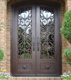 IWD Forged Iron Front Entry Double Door CID-045 Beautiful Pattern Arched Top 3/4 Lite Tuscan Doors, Mediterranean Doors, Pintu Ganda, Wrought Iron Entry Doors, Double Front Entry Doors, Wrought Iron Front Door, Porte In Ferro, Iron Front Door, Iron Entry Doors