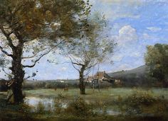 a painting of some trees and water in a field with houses on the other side