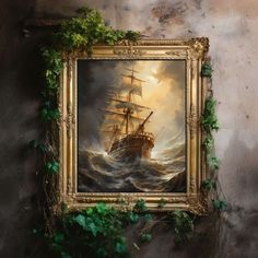 an oil painting of a ship in rough seas with ivy growing on the wall behind it