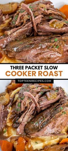 two pictures showing how to cook slow cooker roast