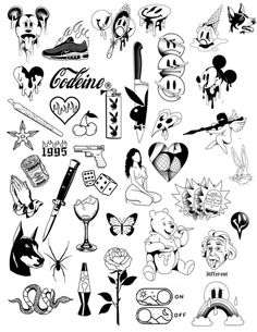 an assortment of cartoon characters and symbols