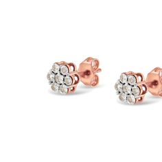 Add this dainty and delicate pair of floral stud earrings to your collection. This pair features an incredible combination of 14 diamonds and 10-karat rose gold. Each piece of round cut diamond in here is enclosed with a prong setting, adding unmatched sophistication to it. Ethical Rose Gold Diamond Earrings, Fine Jewelry Rose Gold Cluster Earrings With Prong Setting, Classic Rose Gold Diamond Cluster Earrings, Fine Jewelry Rose Gold Diamond Earrings With Rose Cut, Round Rose Gold Cluster Earrings With Prong Setting, Rose Gold Round Cluster Earrings With Prong Setting, Rose Gold Earrings With Single Cut Diamonds, Rose Gold Cluster Earrings With Diamond Accents, Rose Gold Rose Cut Diamond Earrings