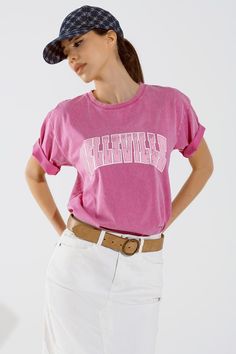 Elevate your spring wardrobe with our Belleville Washed Effect Pink T-Shirt, a stylish and versatile piece that exudes casual charm. Crafted with care in Italy from 100% cotton, this t-shirt offers both comfort and quality for all-day wear.  Featuring a classic crew neckline and short sleeves, this t-shirt boasts a relaxed fit that's perfect for casual outings. The washed effect adds a subtle vintage-inspired touch, while the Belleville print on the chest in pink adds a pop of color and personality.  Designed for effortless styling, this t-shirt pairs perfectly with a white skirt or jeans for a chic and laid-back spring look. Whether you're running errands or meeting friends for brunch, this t-shirt is sure to keep you comfortable and stylish all day long.  Available in one size fits most, White Skirt, Pink Tshirt, Knitwear Tops, Spring Looks, Spring Wardrobe, Fit Style, Casual Elegance, Shoes And Accessories, Estilo Casual