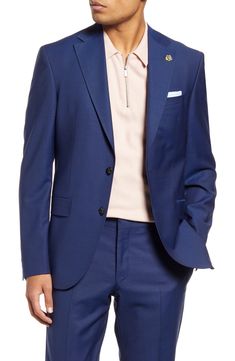 Finely textured Italian wool with a hint of stretch elevates this modern suit with limited structure for a more flexible feel. 29 1/2" jacket length; 36 1/2" inseam; 14 1/2" leg opening; 9 1/4" front rise Jacket has notched lapels Lined 99% wool, 1% elastane Dry clean Made in Canada Structured Suits With Pressed Crease For Semi-formal Occasions, Semi-formal Structured Suits With Pressed Crease, Structured Semi-formal Suits With Pressed Crease, Single Breasted Structured Suit With Suit Collar, Structured Single Breasted Suit With Suit Collar, Modern Suits With Pressed Crease, Modern Blue Suit With Notch Lapel, Modern Blue Suits With Notch Lapel, Modern Blue Suit For Business Casual