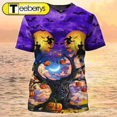 an all over print t - shirt with pumpkins and bats on the tree by the water