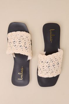 Hit the boardwalk feeling oh-so ready for the day in the Lulus Syracuse Natural Straw Woven Slide Sandals! Woven straw creates a cute, floral-like design as it shapes a wide vamp strap atop a trendy square footbed. Effortless slide-on design makes styling a breeze, so you can spend more time out and about soaking up the sunshine! Available in whole sizes only. 0. 5" rubber sole. Smooth insole. Rubber sole has nonskid markings. Man made materials. Imported. Lulus | Syracuse Natural Straw Woven Sl Summer Synthetic Flip Flops With Woven Sole, Beige Summer Flip Flops, Cream Flip Flops For Summer Vacation, Cream Open Toe Flip Flops For Vacation, Adjustable Flip Flops With Woven Sole For Beach, Beachy Summer Flip Flops, Summer Sandals With Open Weave, Beige Flat Heel Flip Flops For Beach, Spring Vacation Flip Flops With Braided Straps