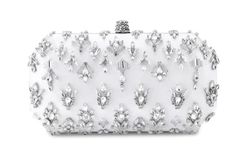 Perry Clutch in White Diamonds Satin | Over The Moon Designer Formal Evening Bag, Designer White Evening Bag For Gift, Designer White Rectangular Evening Bag, Designer White Evening Bag As Gift, High-end Formal Evening Bag, High-end Formal Rectangular Clutch, High-end Rectangular Clutch For Formal Events, High-end Rectangular Clutch For Formal Occasions, Luxury White Embellished Bags