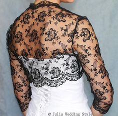 This amazing, gentle and very feminine and can become a special  to your wedding dress ! It will compliment any  dress, cocktail dress or evening gown. It will be perfect also for your bridesmaids.Made with  beautiful lace and sequins.Available color black.This bolero measures approximately 12"-13" from the base of your neck down the center back.Bust 34"-35".3/4 sleeve--17 inch.Available sleeve--22 inch.   Care instructions: Hand wash, cold water, no bleach, rinse well and promptly remove. Fitted Evening Shrug With Lace Sleeves, Evening Fitted Shrug With Lace Sleeves, Lace Shrug With Lace Trim For Wedding, Elegant Party Shrug With Lace Sleeves, Elegant Lace Wedding Shrug, Long Sleeve Lace Shrug For Wedding, Lace Long Sleeve Wedding Shrug, Long Sleeve Lace Wedding Shrug, Wedding Shrug With Lace Sleeves