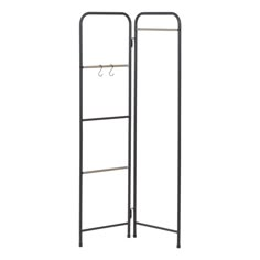 a tall metal rack with two hooks on the top and one hanging from it's side