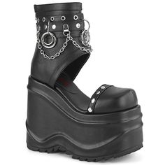 Demonia WAVE-22 Black Vegan Leather 6" (152mm) Wedge PF Bootie Sandal, Back Zip Hologram Shoes, Closed Toe Sandals, Ring Der O