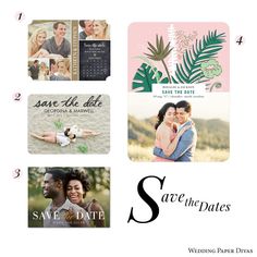 save the dates cards with tropical leaves and palm trees