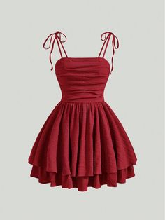 Ladies' Solid Color Shoulder Tie Ruched Cami Dress Burgundy Casual  Sleeveless Woven Fabric Plain Cami Non-Stretch Summer Women Clothing, size features are:Bust: ,Length: ,Sleeve Length: Cheap Mini Dress With Spaghetti Straps For Garden Party, Cheap Short Red Dress, Banquet Dresses Short Black Teens, Maid Of Honor Dress Burgundy Short, Lace Burgundy Dress Short, Red Prom Dress Short Front Long Back, Cute Black Dresses For Teens For A Wedding, Red Homecoming Dresses Two Piece, Cute Short Prom Dresses Red