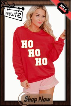 Red Christmas Ho Ho Ho Graphic Round Neck Sweatshirt Red Christmas Holiday Sweatshirt, Red Christmas Sweatshirt With Letter Print, Red Christmas Letter Print Sweatshirt, Red Letter Print Christmas Sweatshirt, Red Casual Holiday Sweatshirt, Casual Red Holiday Sweatshirt, Casual Red Sweatshirt For Holidays, Winter Sweatshirt, Round Neck Sweatshirts