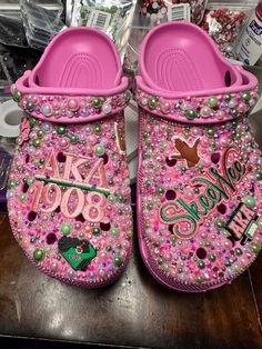 Customs for the pretty girls in pink and green 💚 Aka Diy Gifts, Aka Probate Gifts Room, Aka Sorority Aesthetic, Aka Gift Ideas, Aka Crocs, Alpha Kappa Alpha Founders, Junk Socks, Alpha Kappa Alpha Christmas, Alpha Kappa Alpha Paraphernalia