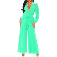 Wide Leg Belted Waist Deep V-Neck Jumpsuit Brand New With Tags Green V-neck Jumpsuits For Night Out, Green V-neck Jumpsuit For Work, Elegant Green Long Sleeve Bodysuit, Elegant Long Sleeve Green Bodysuit, Chic Green V-neck Jumpsuit, Summer V-neck Bodysuit For Workwear, Green V-neck Jumpsuits And Rompers For Night Out, Chic Green Long Sleeve Jumpsuits And Rompers, Chic Green Bodysuit For Spring