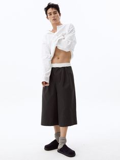 This is a casual and comfortable capri pants that are made out of high quality cotton and nylon blend fabric. With design detail of wide silhouette, elastic waistband, and inner string on the waist for comfortable wear, it gives a trendy and casual mood.- Double tuck on the front- Single tuck on the back- Elastic waistband- Wide silhouette Black Cotton Casual Culottes, Casual Black Cotton Culottes, Cotton Capris With Elastic Waistband And Cropped Leg, Cotton Cropped Leg Capris With Elastic Waistband, Versatile Cotton Ankle-length Parachute Pants, Baggy Cotton Culottes For Spring, Sporty Capri Length Pants For Spring, Cotton Capri Pants With Elastic Waistband, Spring Culottes With Elastic Waistband And Cropped Leg