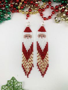 Xmas Earrings, Seed Beaded Earrings, Shoulder Duster Earrings, Seed Bead Jewelry Patterns, Christmas Bead, Gold And Red, Bugle Beads, Earrings Long, Christmas Earrings