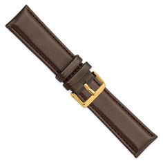 Calf leather band, gold-tone, stainless steel buckle, brown, 4.5mm thick. Product Specifications - Length of Item : 7.75 in - Material : Accents : Stainless Steel - Watch Band Material : Leather - Material : Accent Color 1 : Gold Tone - Clasp /Connector : Buckle - Width of Item : 24 mm - Watch Band Width : 24 - Watch Band Width U/M : mm - Product Type : Accessory - Material : Primary - Color : Brown - Height : 4.5 mm How do I know what width watch band I need? To determine the width of the watch band/strap, you can measure the band/strap that you currently have. If you don't have a band or strap, you should measure the width between the case lugs of your watch (see the image below.) Watch bands/straps are measured in millimeters (mm) , so be sure to use a ruler or measuring tape with milli Watch Accessory, Brown Watch, Brown Gloves, Brown Watches, Luxury Timepieces, Unisex Watches, Stainless Steel Watch, Leather Gloves, Leather Band