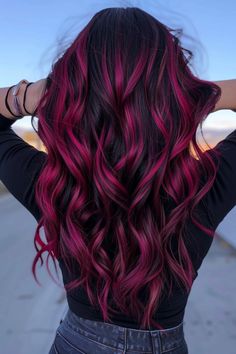 Quarter Hair Color, Dark Fun Colored Hair, Red Color On Dark Hair, Dyed Hair Ideas For Brown Hair, Bright Baylage Hair, Plum Hair Color With Money Piece, Cute Colours To Dye Your Hair, Hair Lights For Dark Hair Brunettes, Color Block Hair Sectioning