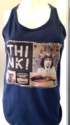 Bella Canvas Racer Back cotton Tank top featuring exclusive graphic art collage design S,M,L navy, black, white (navy shown) Navy Graphic Print Tops For Streetwear, Navy Graphic Tee With Screen Print, Trendy Cotton Tops With Unique Print, Navy Graphic Print Cotton Tops, Navy Cotton Tops With Graphic Print, Navy Cotton Top With Graphic Print, Givenchy Paris, Collage Design, Tshirt Art