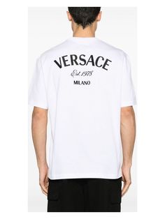 Hey there. If you’re on the hunt for a versatile and stylish tee, this might just be the one for you. It’s a staple from the Versace clothing line, combining comfort with a dash of luxury. Crafted from 100% cotton for that soft, breathable feel. Features a simple crew neckline and short sleeves for classic style. Embroidered logo adds a touch of vibrancy to your look. Exclusive Versace Milano stamp at the back for a luxe finish. Authenticity QR code to ensure it’s the real deal. | Versace Men's Stamp Embroidery, Cloud White, Qr Code, Cotton T Shirt, White Cotton, Versace, Short Sleeves, Stamp, T Shirt