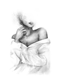 a black and white drawing of a woman wrapped in a blanket with her hand on her face