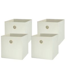 three white storage bins with handles on each side