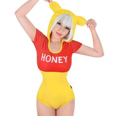 Key Features: This enchanting Bodysuit with 3D bear ears is lively and lovely, exuding a playful vibe, while the word "HONEY" on the chest mesmerizes all who see it, bring your favorite childhood memories to life. This Bodysuit also features an eye-catching color blocking design makes a visual impact, it's full of vibrant life and energy! Three crotch snaps provide easy dressing and a secure fit Made of thick high quality fabric with a fit designed to flatter the human body with a slimming ‘body Fox Onesie, Trendy Denim Jacket, Color Blocking Design, Hoodie Romper, Adult Bibs, Honey Bear, Onesie Pajamas, Trendy Denim, Bear Ears