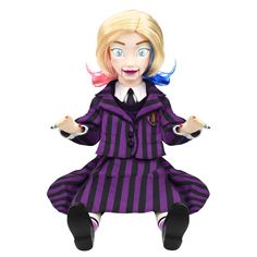 a cartoon character with blonde hair wearing a purple and black striped dress, holding her hands out