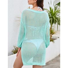 Features: One piece cover up with crochet fishnet, pull on, long sleeve, solid color, wide neckline design, you can wear it one shoulder, or up. With pocket for mobile phone Long Sleeve Poolside Cover-up For Vacation, Long Sleeve Sweater For Beach Cover-up In Spring, Summer Green Open Knit Sweater, Long Sleeve Open Knit Sweater For Beach, Casual Long Sleeve Open Knit Cover-up, Summer Open Knit Long Sleeve Tops, Summer Open Knit Sweater For Vacation, Long Sleeve Sweater For Beach In Spring, Green Spring Sweater For The Beach