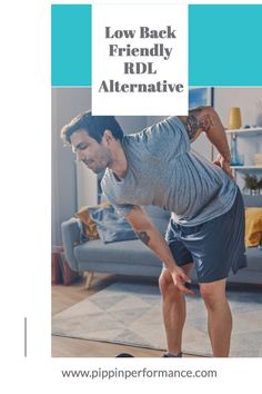 a man in grey shirt and blue shorts doing exercises on a yoga mat with the words low back friendly rdl alternative