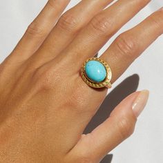 Our Sleeping Beauty Turquoise Celestial Cocktail Ring is back in Stock and available in size 7. From Elizabeth Moore's Signature Celestial Collection created in recycled 18K Yellow Gold in the heart of New York's Diamond District. Diam: 12.80 x 17 Sleeping Beauty Turquoise from AZ Handcrafted in New York City To find your perfect fit, check out our complementary Ring Sizer. Celestial Style Cabochon Yellow Gold Rings, Celestial Yellow Gold Cabochon Rings, Luxury Turquoise Ring Jewelry, Luxury Turquoise Cabochon Ring, Luxury Turquoise Ring As A Gift, Celestial Style Oval Cabochon Gemstone Ring, Celestial Oval Cabochon Gemstone Rings, Luxury Turquoise Ring Gift, Luxury Yellow Gold Turquoise Ring With Gemstone Accents