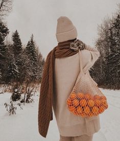 a person walking in the snow carrying a bag with oranges on it's back